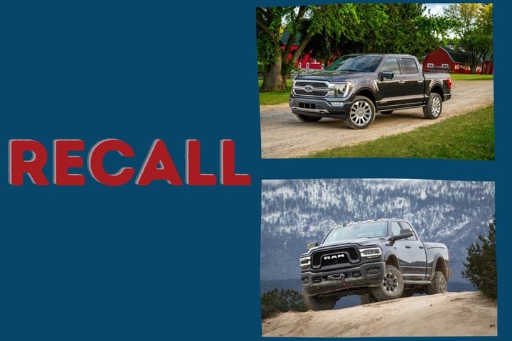 The Ford F-150 vehicles have a potential visibility issue, while the Ram trucks present a fire risk. - Photo: Ford and Stellantis/Canva